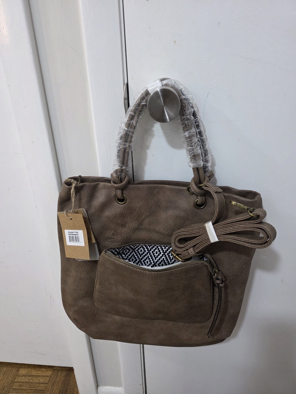 Taupe Shoulder Tote Bag with Front Zip Pocket